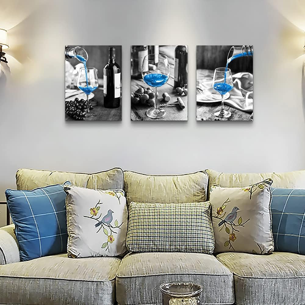 Canvas Wall Art for Kitchen Wall Decor for Dining Room Black and White Wine Glasses Painting Modern Blue Wine Canvas Art Prints Ready to Hang Pictures for Restaurant Home Decorations 12"X16" 3 Pieces