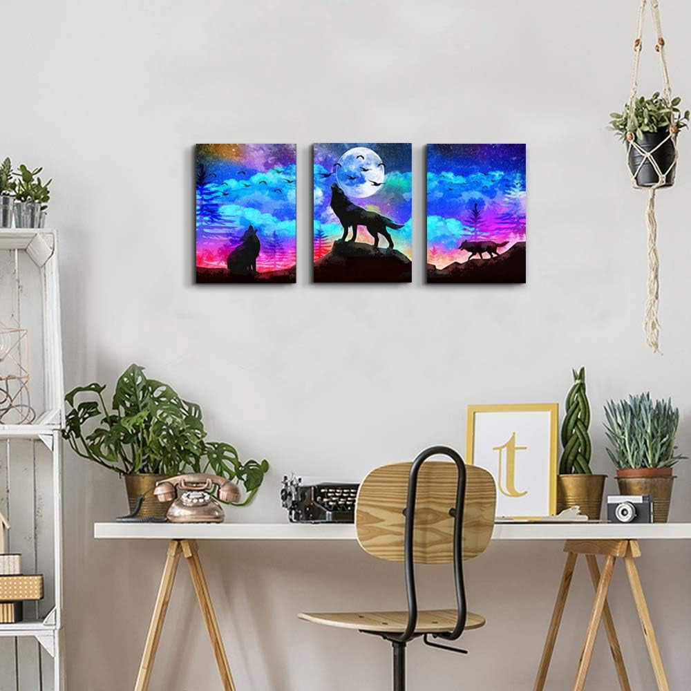 Canvas Wall Art for Living Room Wall Decor for Bedroom Kitchen Canvas Art Prints Artwork Modern Framed Room Home Decorations Blue Starry Sky Landscape Paintings Wolf Office Hang Pictures 3 Pieces