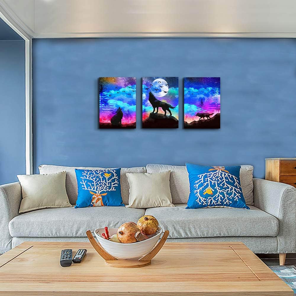 Canvas Wall Art for Living Room Wall Decor for Bedroom Kitchen Canvas Art Prints Artwork Modern Framed Room Home Decorations Blue Starry Sky Landscape Paintings Wolf Office Hang Pictures 3 Pieces
