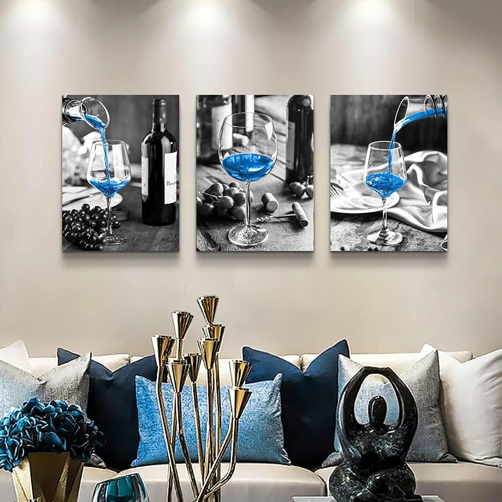 Canvas Wall Art for Kitchen Wall Decor for Dining Room Black and White Wine Glasses Painting Modern Blue Wine Canvas Art Prints Ready to Hang Pictures for Restaurant Home Decorations 12"X16" 3 Pieces
