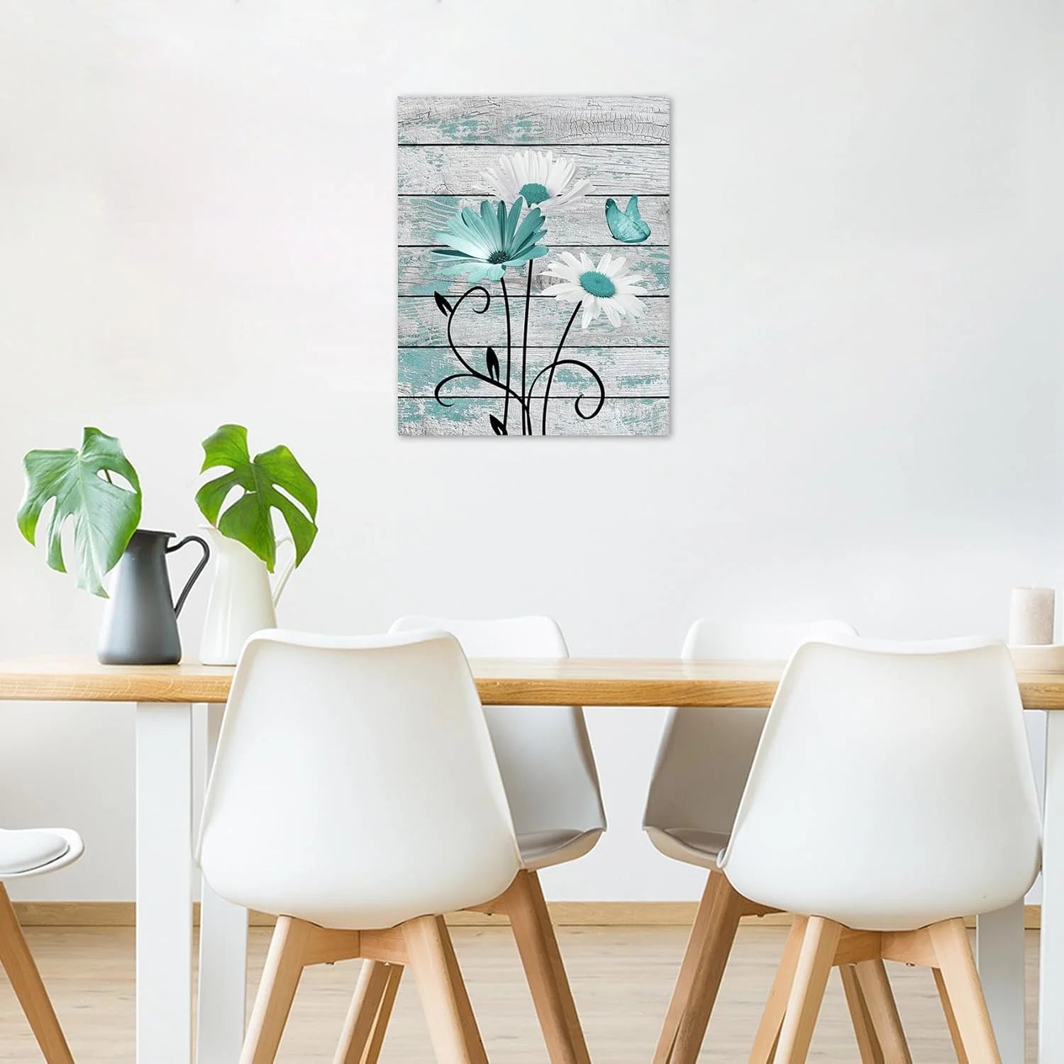 Farmhouse Floral Wall Art for Living Room, Teal and White Daisy Flower and Butterfly on Rustic Wood Board Canvas Wall Art Framed Artwork Ready to Hang for Bathroom Bedroom Decor, 16L X 12W Inches
