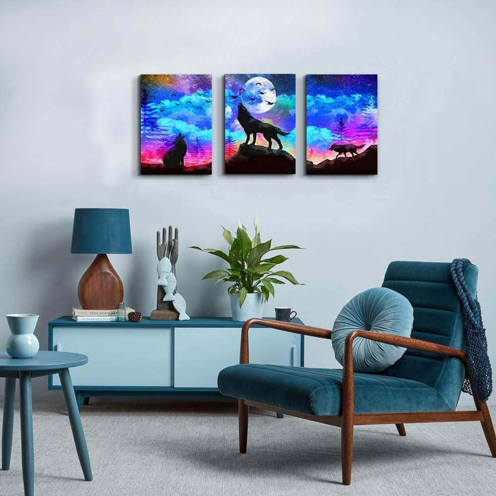 Canvas Wall Art for Living Room Wall Decor for Bedroom Kitchen Canvas Art Prints Artwork Modern Framed Room Home Decorations Blue Starry Sky Landscape Paintings Wolf Office Hang Pictures 3 Pieces