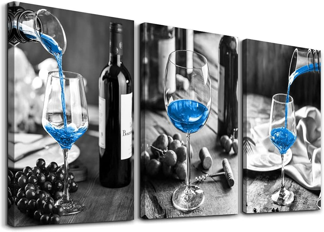 Canvas Wall Art for Kitchen Wall Decor for Dining Room Black and White Wine Glasses Painting Modern Blue Wine Canvas Art Prints Ready to Hang Pictures for Restaurant Home Decorations 12"X16" 3 Pieces