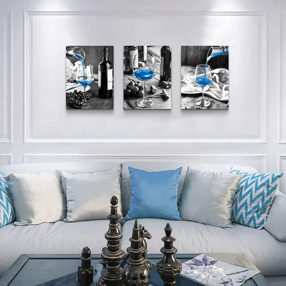 Canvas Wall Art for Kitchen Wall Decor for Dining Room Black and White Wine Glasses Painting Modern Blue Wine Canvas Art Prints Ready to Hang Pictures for Restaurant Home Decorations 12"X16" 3 Pieces