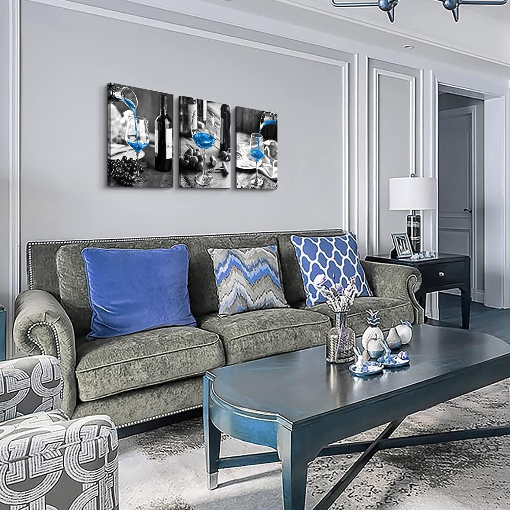 Canvas Wall Art for Kitchen Wall Decor for Dining Room Black and White Wine Glasses Painting Modern Blue Wine Canvas Art Prints Ready to Hang Pictures for Restaurant Home Decorations 12"X16" 3 Pieces