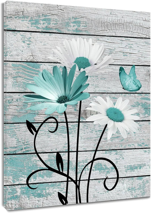 Farmhouse Floral Wall Art for Living Room, Teal and White Daisy Flower and Butterfly on Rustic Wood Board Canvas Wall Art Framed Artwork Ready to Hang for Bathroom Bedroom Decor, 16L X 12W Inches