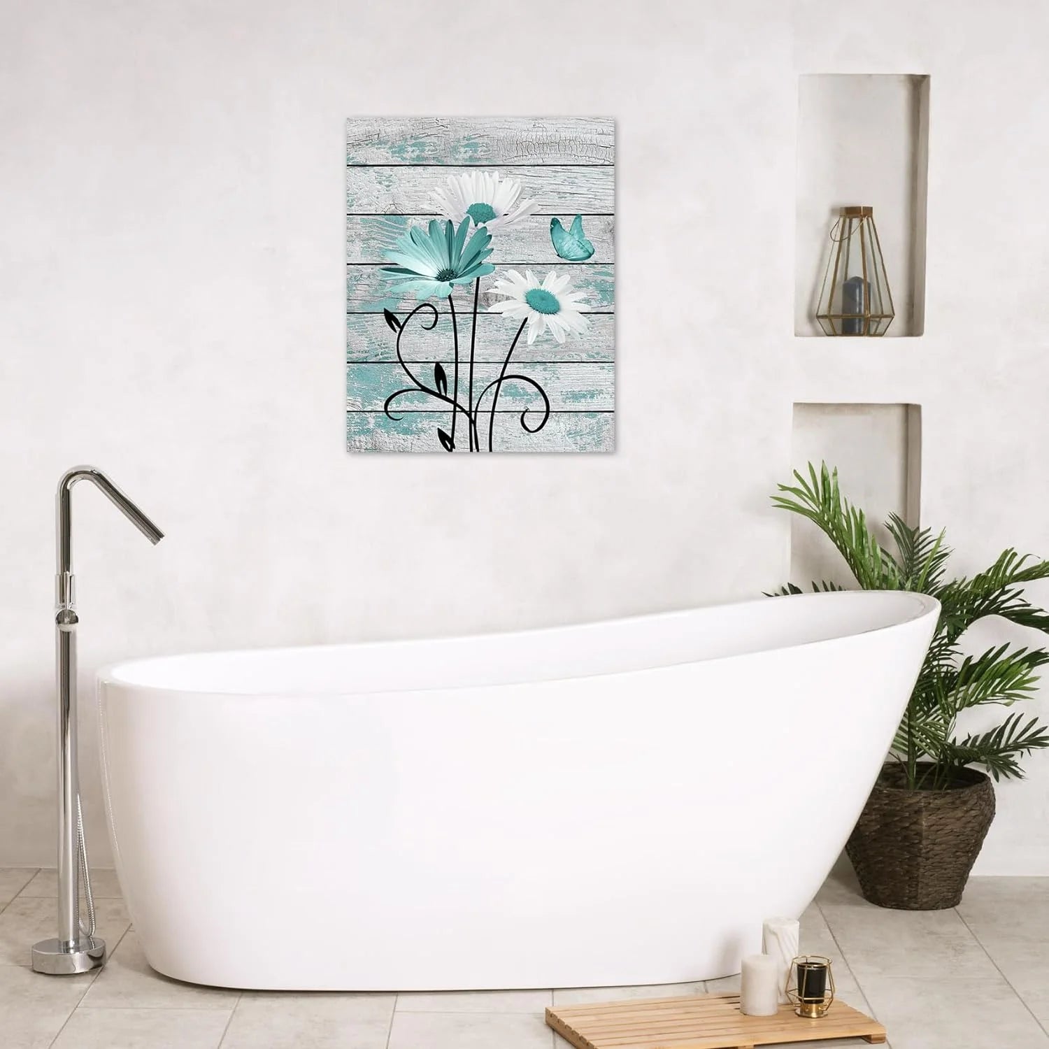 Farmhouse Floral Wall Art for Living Room, Teal and White Daisy Flower and Butterfly on Rustic Wood Board Canvas Wall Art Framed Artwork Ready to Hang for Bathroom Bedroom Decor, 16L X 12W Inches