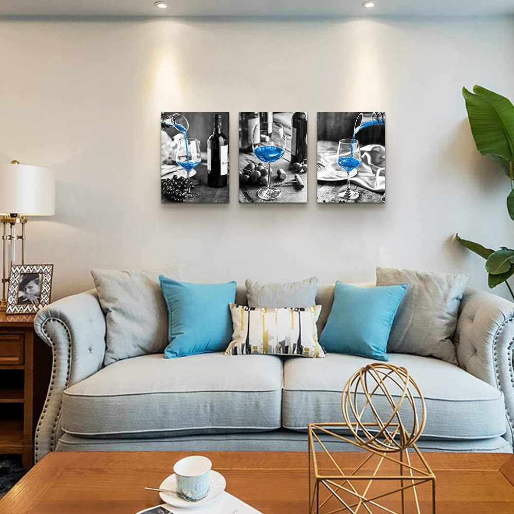 Canvas Wall Art for Kitchen Wall Decor for Dining Room Black and White Wine Glasses Painting Modern Blue Wine Canvas Art Prints Ready to Hang Pictures for Restaurant Home Decorations 12"X16" 3 Pieces