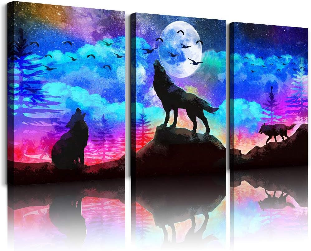 Canvas Wall Art for Living Room Wall Decor for Bedroom Kitchen Canvas Art Prints Artwork Modern Framed Room Home Decorations Blue Starry Sky Landscape Paintings Wolf Office Hang Pictures 3 Pieces