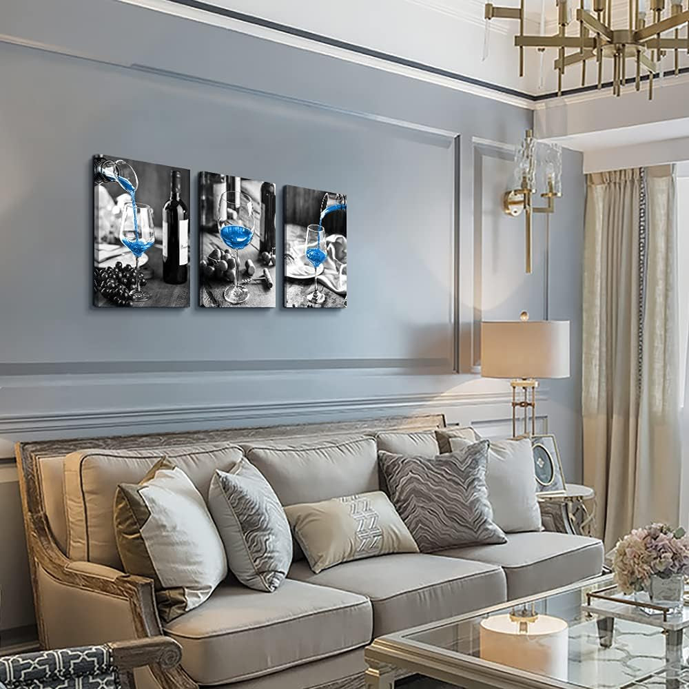 Canvas Wall Art for Kitchen Wall Decor for Dining Room Black and White Wine Glasses Painting Modern Blue Wine Canvas Art Prints Ready to Hang Pictures for Restaurant Home Decorations 12"X16" 3 Pieces