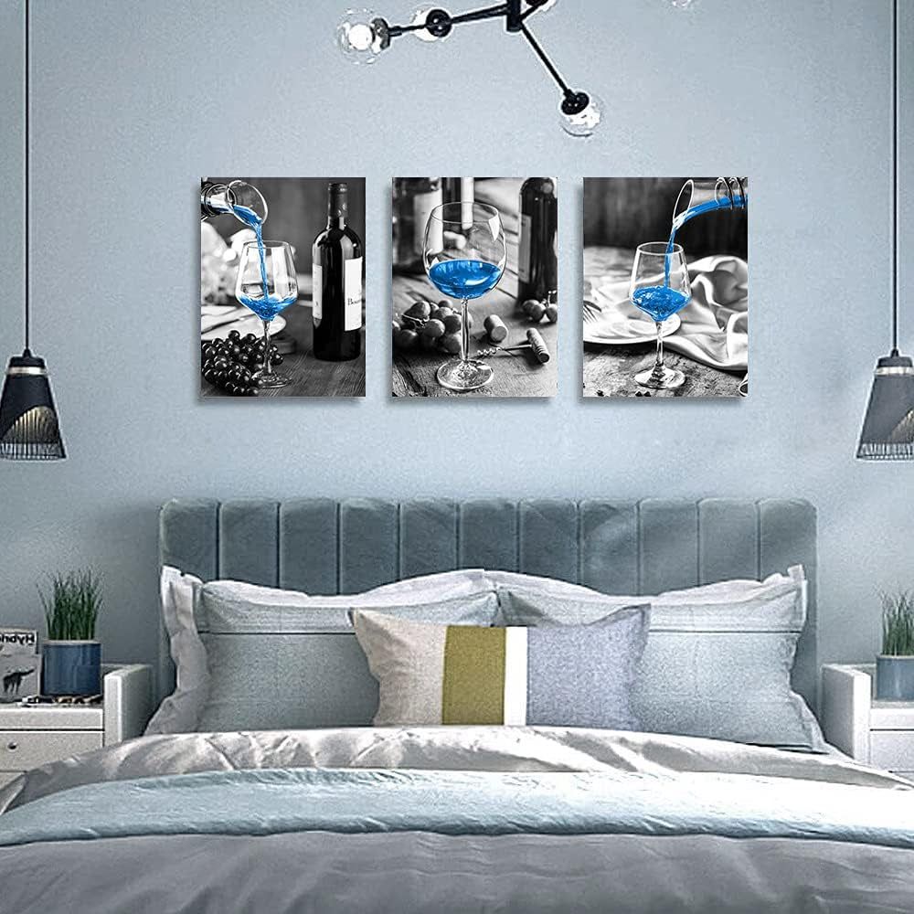 Canvas Wall Art for Kitchen Wall Decor for Dining Room Black and White Wine Glasses Painting Modern Blue Wine Canvas Art Prints Ready to Hang Pictures for Restaurant Home Decorations 12"X16" 3 Pieces