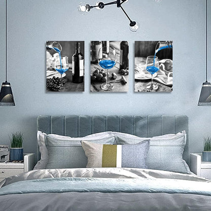 Canvas Wall Art for Kitchen Wall Decor for Dining Room Black and White Wine Glasses Painting Modern Blue Wine Canvas Art Prints Ready to Hang Pictures for Restaurant Home Decorations 12"X16" 3 Pieces