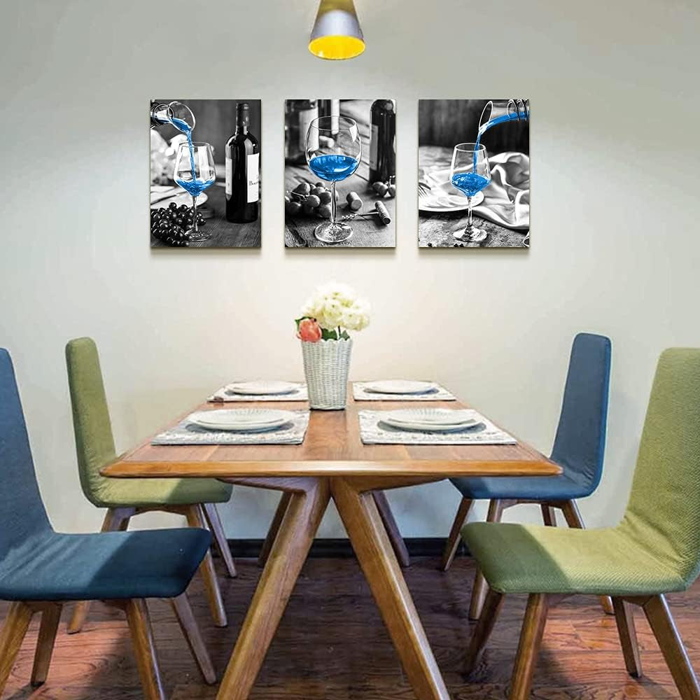 Canvas Wall Art for Kitchen Wall Decor for Dining Room Black and White Wine Glasses Painting Modern Blue Wine Canvas Art Prints Ready to Hang Pictures for Restaurant Home Decorations 12"X16" 3 Pieces