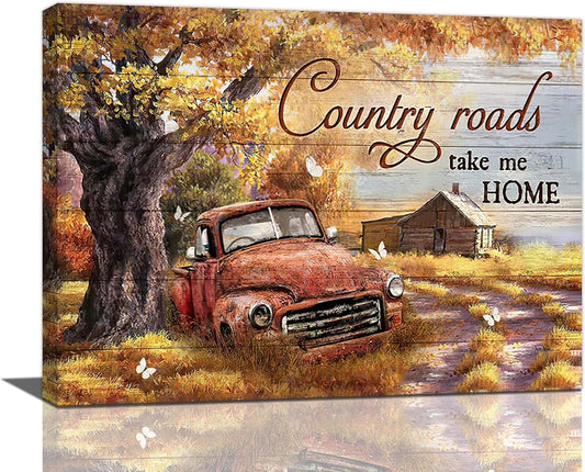 Farmhouse Truck Canvas Wall Art Rustic Old Truck Pictures Wall Decor Country Truck Painting Prints Artwork Framed Home Decoration for Bathroom Bedroom Living Room 16"X12"