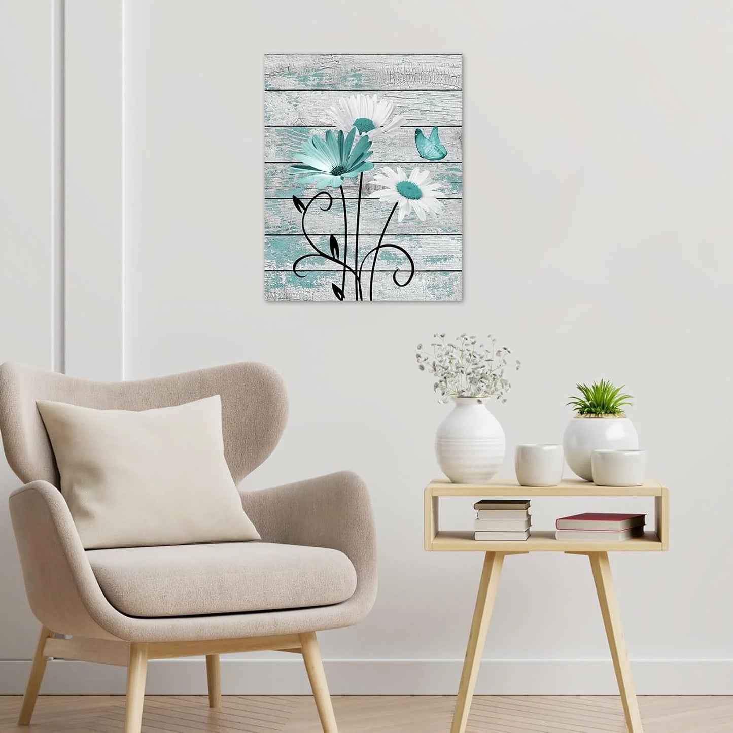 Farmhouse Floral Wall Art for Living Room, Teal and White Daisy Flower and Butterfly on Rustic Wood Board Canvas Wall Art Framed Artwork Ready to Hang for Bathroom Bedroom Decor, 16L X 12W Inches