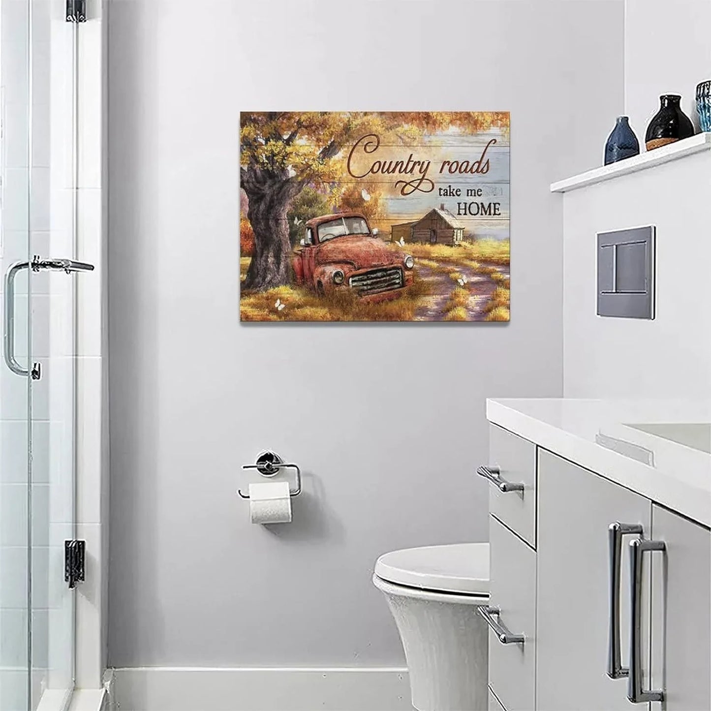 Farmhouse Truck Canvas Wall Art Rustic Old Truck Pictures Wall Decor Country Truck Painting Prints Artwork Framed Home Decoration for Bathroom Bedroom Living Room 16"X12"